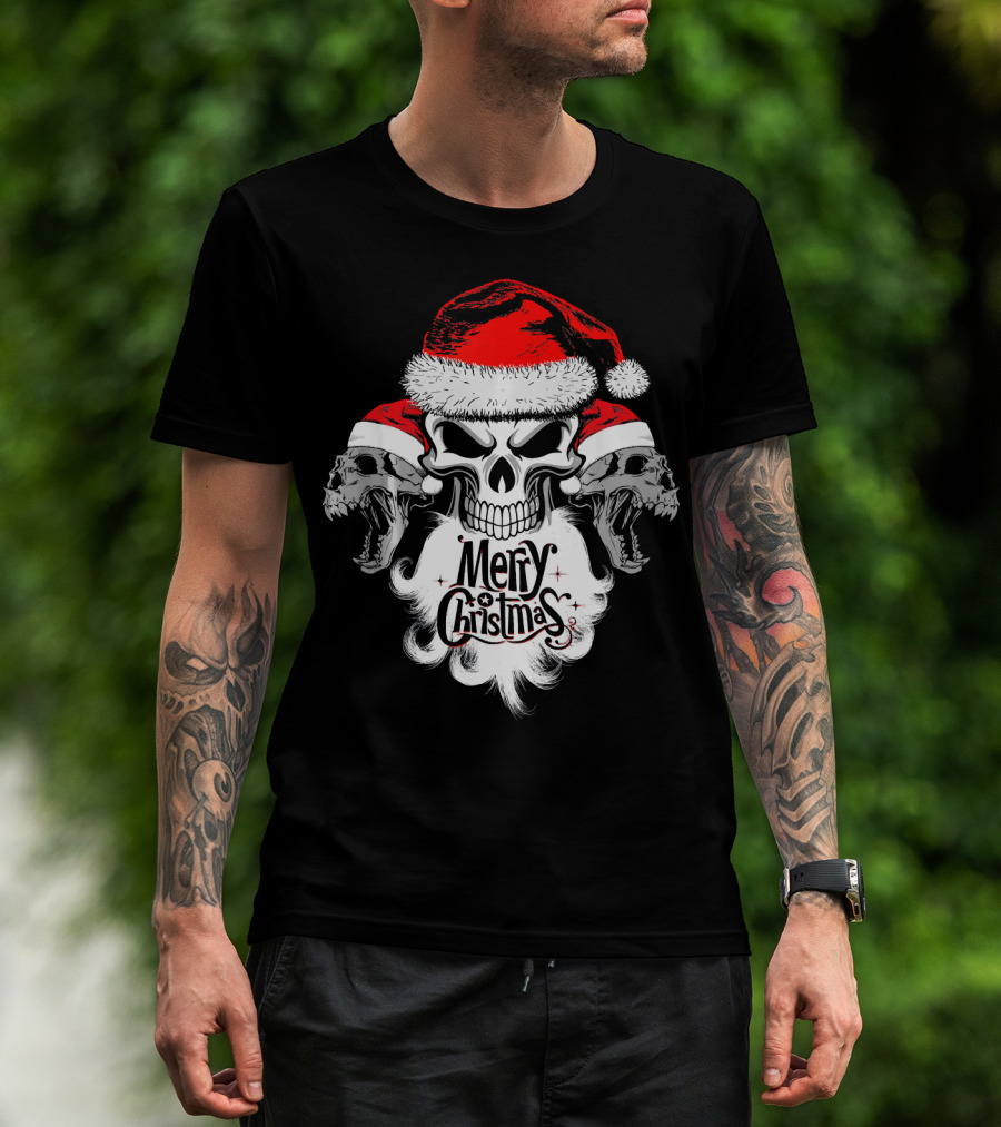 Merry Christmas Funny Skull Santa With Santa Hat And Beards T-Shirt