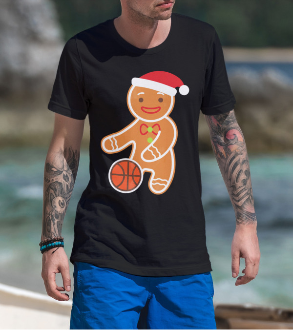 Basketball Gingerbread Player Santa Hat Gingerbread Man T-Shirt