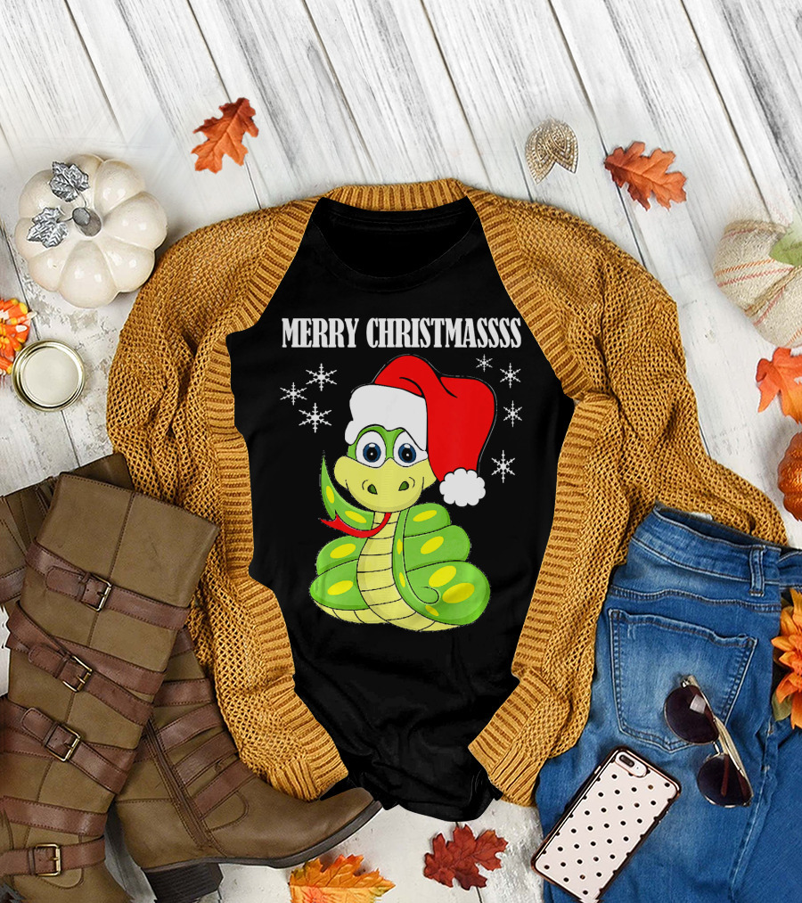 Merry Christmassss Snake Cute Snak Santa Hat Snowflakes T-Shirt