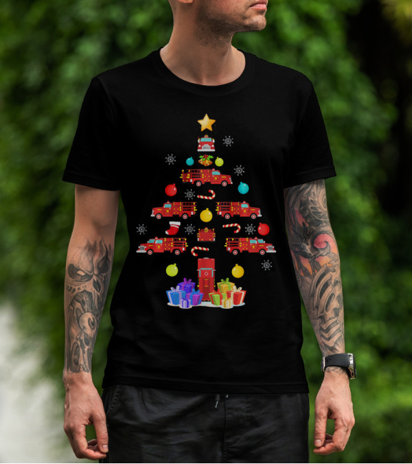 Funny Firefighter Christmas Tree Ornament Fire Truck Star Gifts T-Shirt