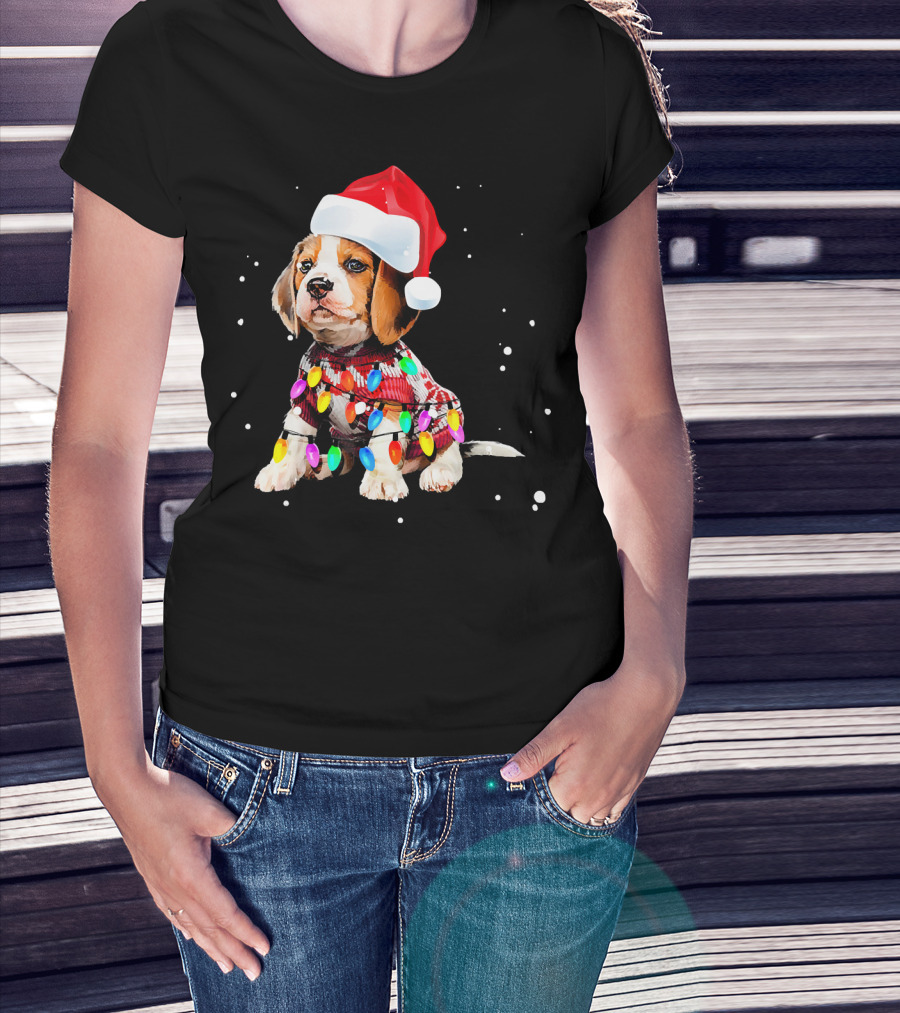 Santa Hat Beagle Wrapped In Christmas Lights T-Shirt