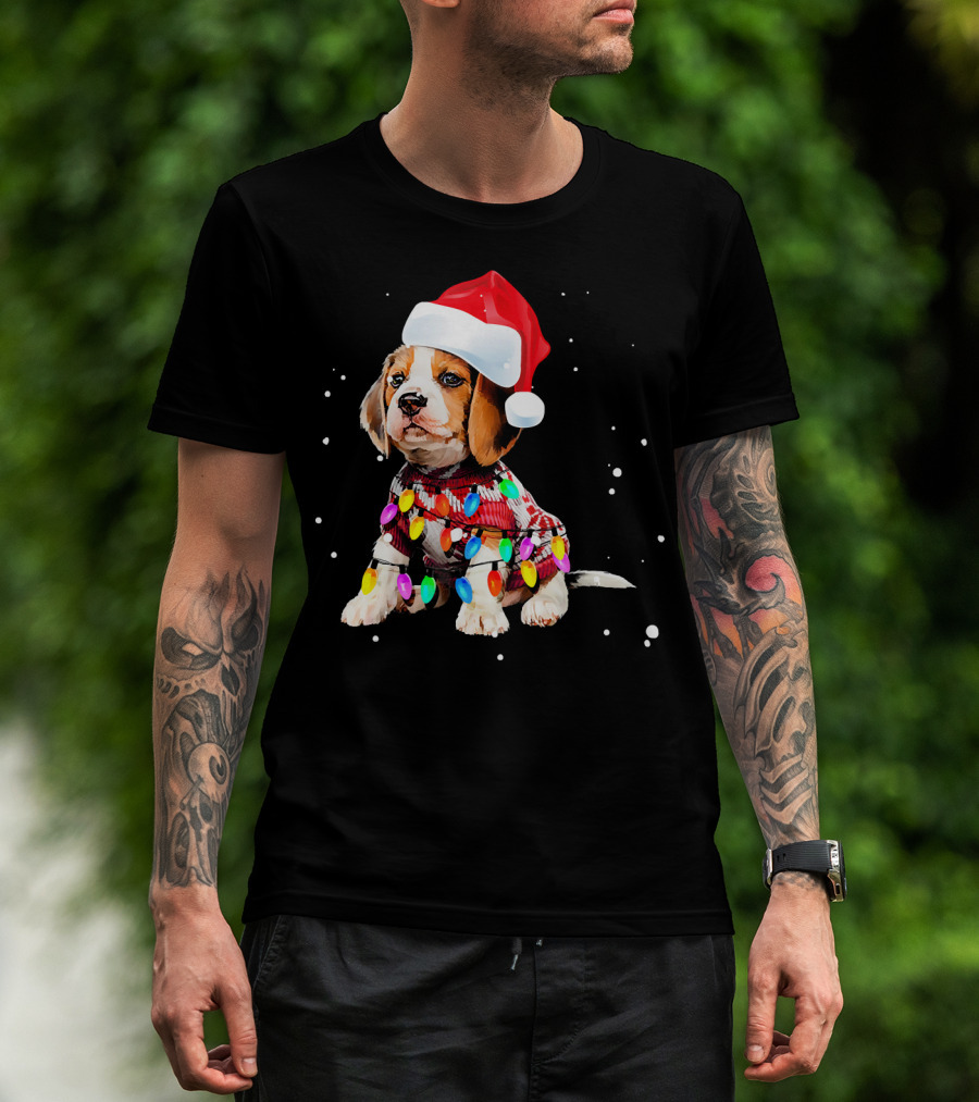 Santa Hat Beagle Wrapped In Christmas Lights T-Shirt