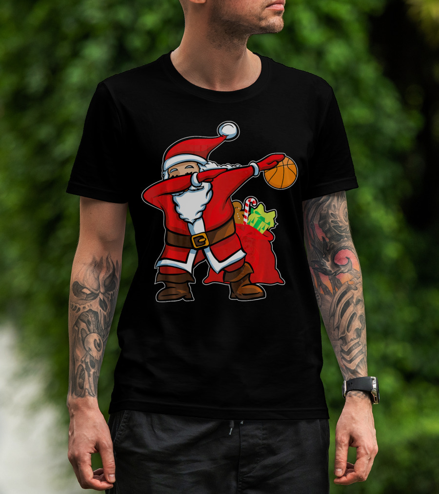 Christmas Dabbing Santa Holding Basketball With Gifts T-Shirt