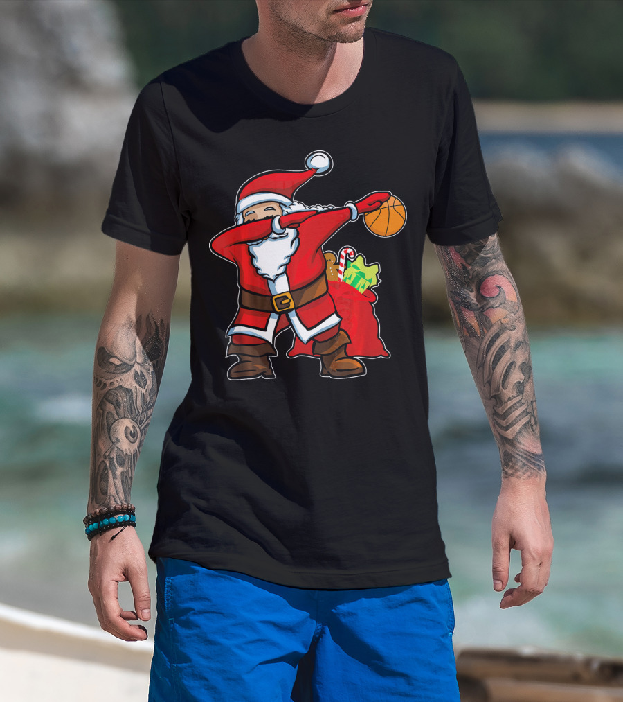 Christmas Dabbing Santa Holding Basketball With Gifts T-Shirt