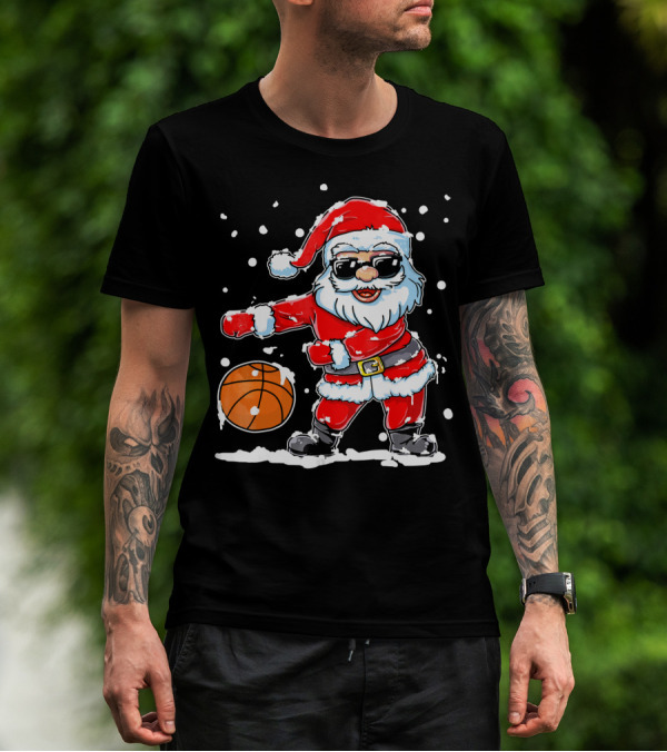 Santa Flossing With Basketball In Snowy Christmas Scene T-Shirt