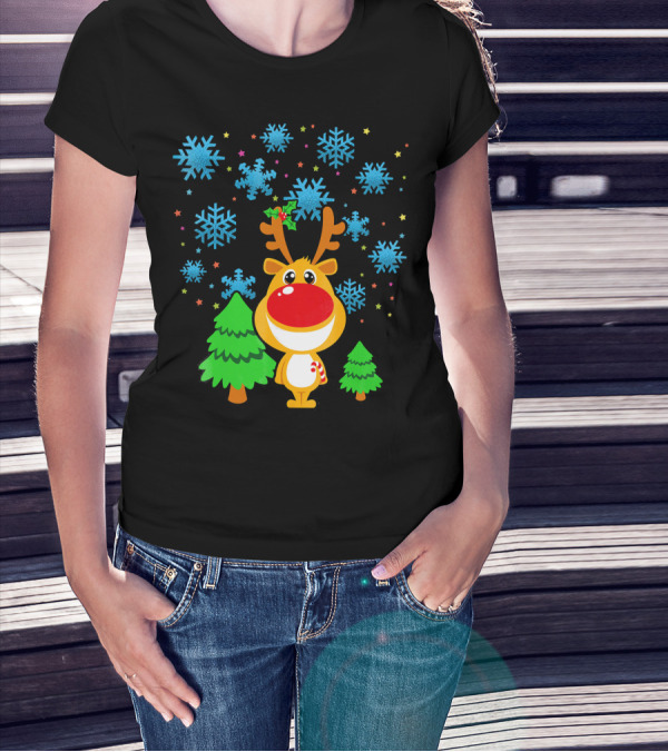 Christmas Reindeer With Snowflakes And Trees Family Matching T-Shirt
