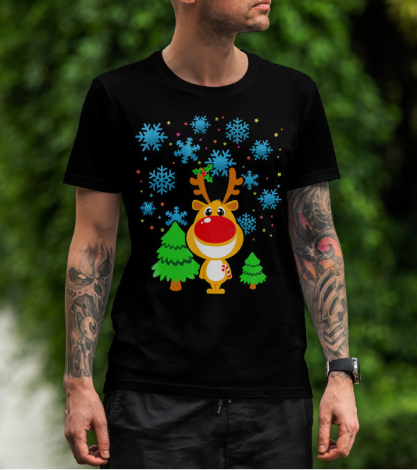 Christmas Reindeer With Snowflakes And Trees Family Matching T-Shirt