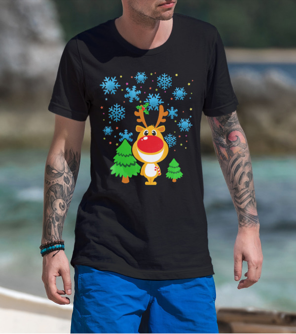 Christmas Reindeer With Snowflakes And Trees Family Matching T-Shirt