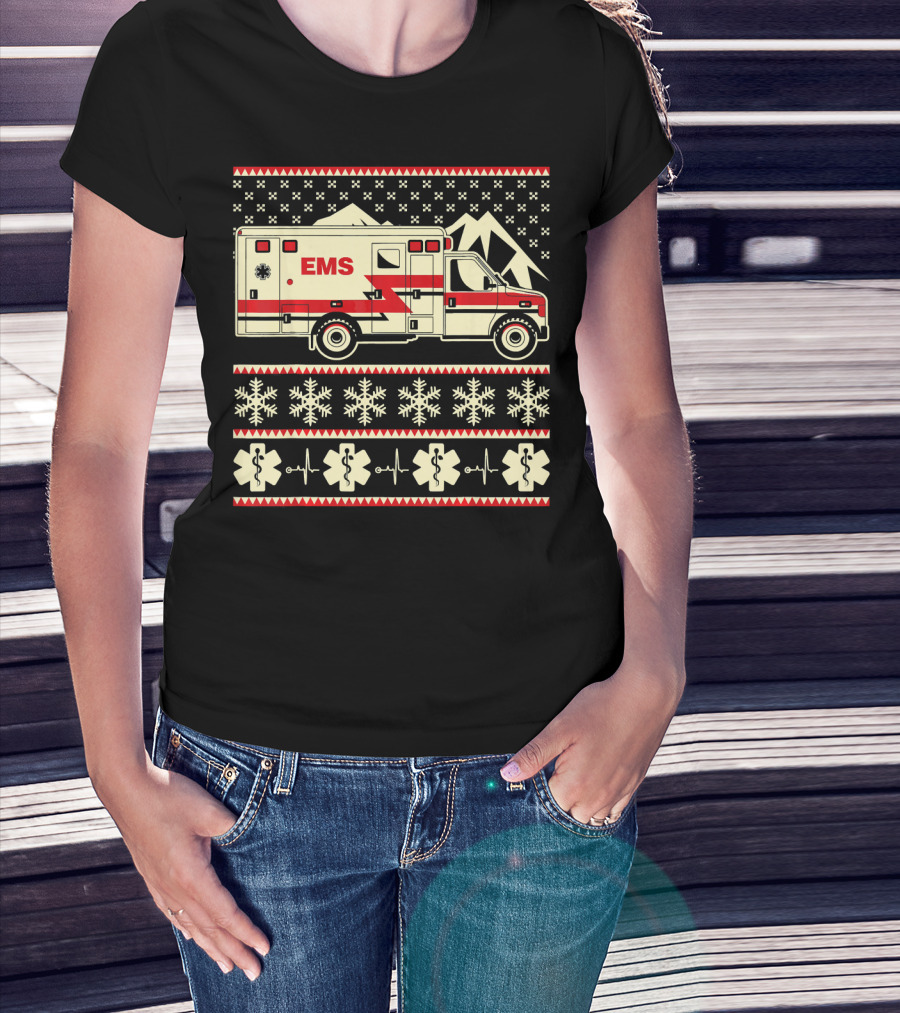 EMS Christmas Ambulance Ugly Sweater Snowflake T-Shirt