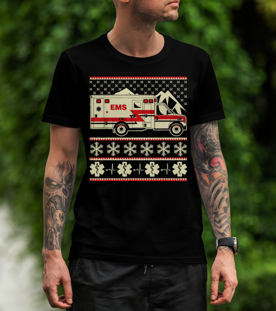 EMS Christmas Ambulance Ugly Sweater Snowflake T-Shirt