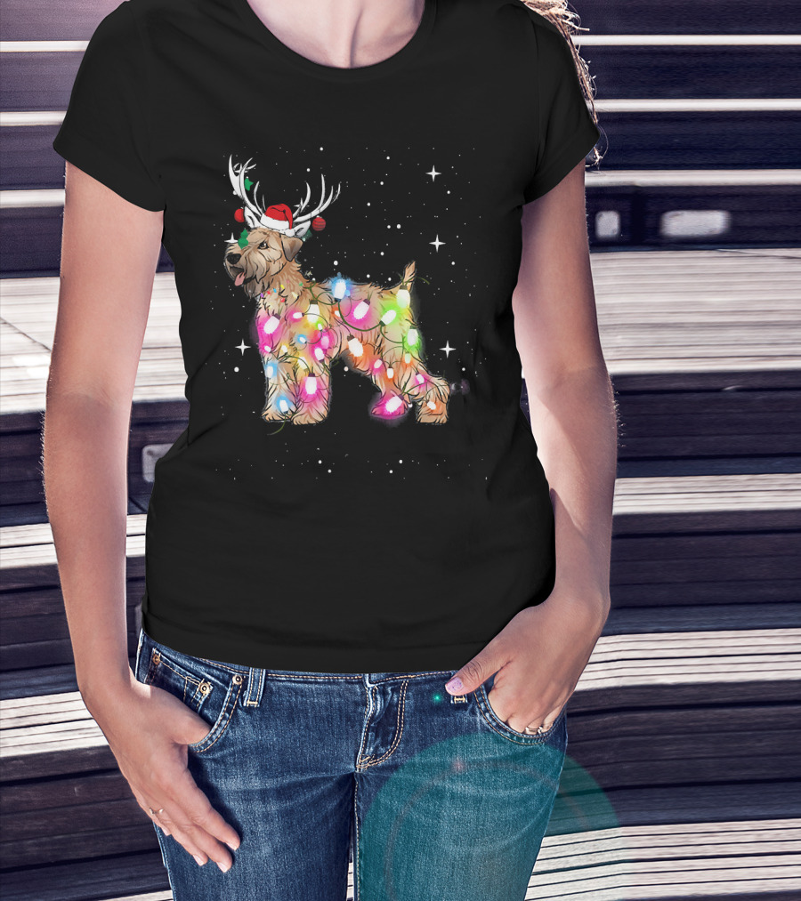 Christmas Lights Soft Coated Wheaten Terrier Santa Hat Antlers Snowflakes T-Shirt