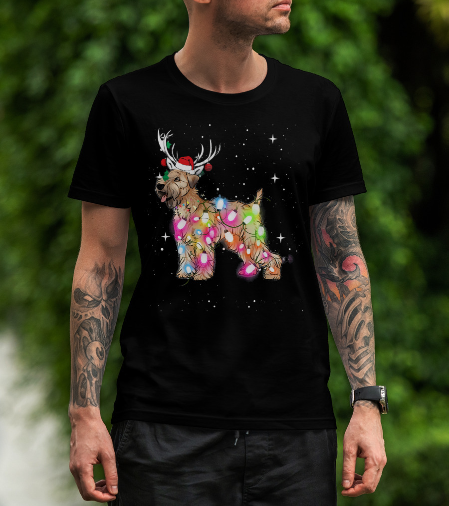 Christmas Lights Soft Coated Wheaten Terrier Santa Hat Antlers Snowflakes T-Shirt