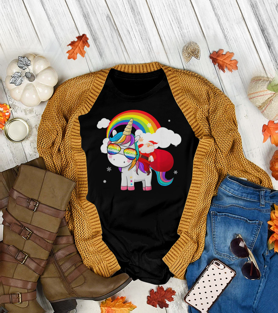 Cool Santa Riding Unicorn Rainbow Christmas Cos T-Shirt