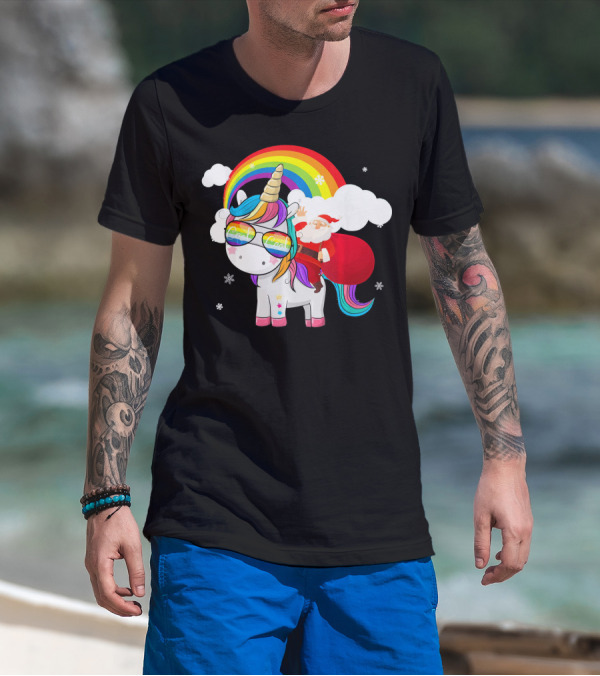 Cool Santa Riding Unicorn Rainbow Christmas Cos T-Shirt