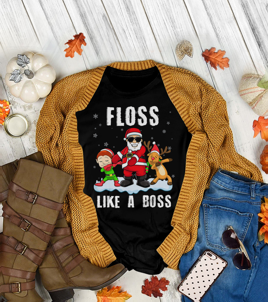 Floss Like a Boss Santa with Elf and Reindeer Dance Funny Christmas T-Shirt