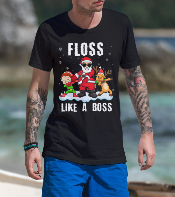 Floss Like A Boss Santa With Elf And Reindeer Dance Funny Christmas T-Shirt