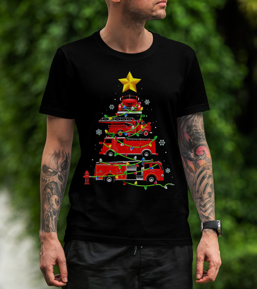 Firefighter Truck Holiday Lights Christmas Tree T-Shirt