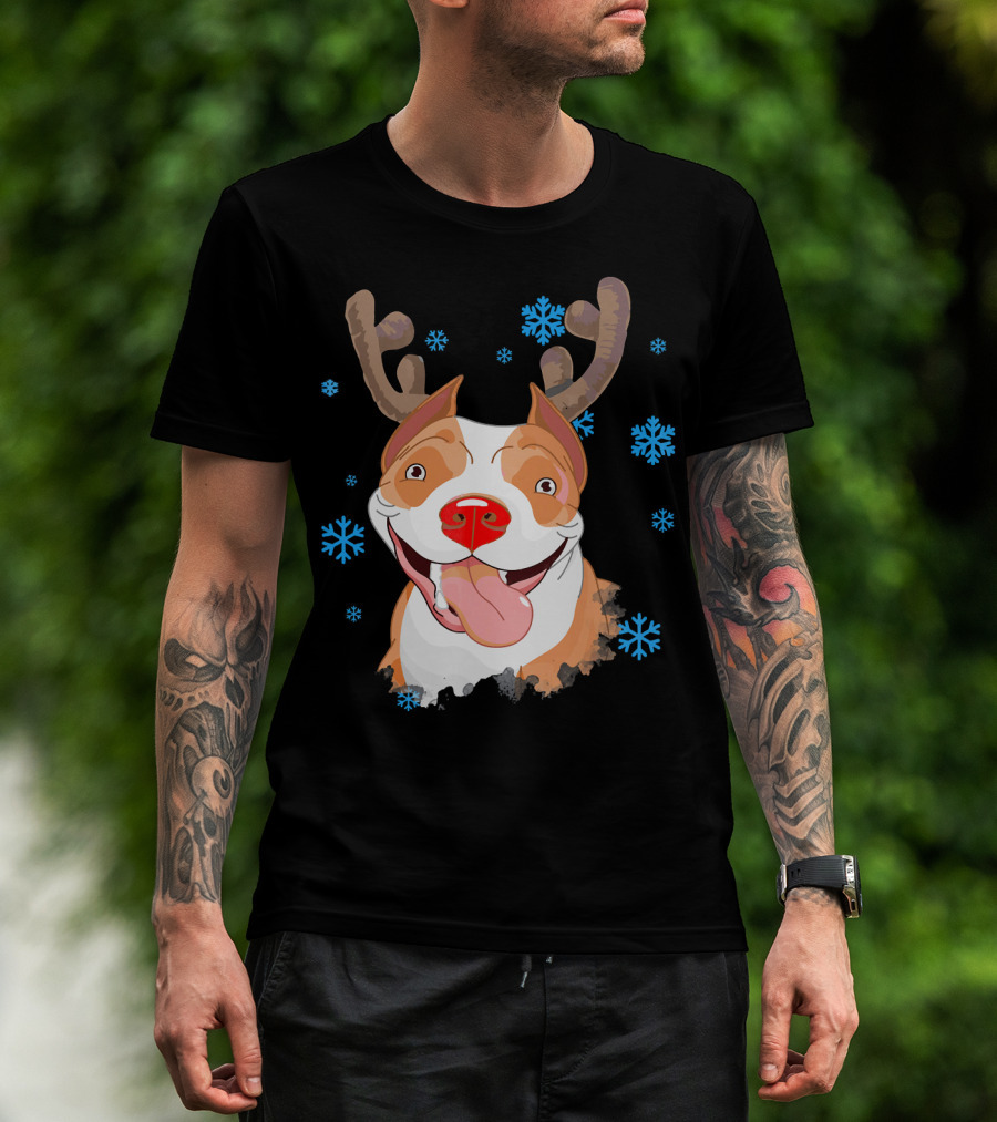 Funny Cutie Pit Bull Reindeer Antlers Snowflakes T-Shirt