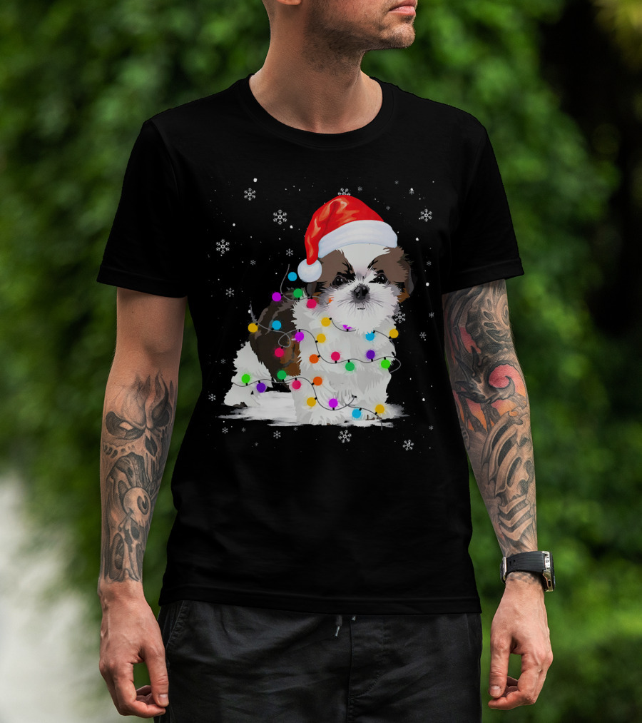 Shih Tzu Santa Hat Christmas Lights Snowflakes T-Shirt