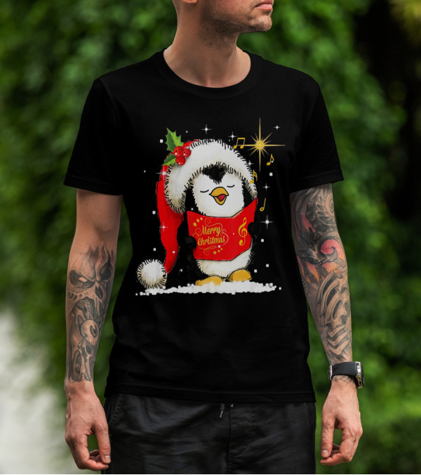 Merry Christmas Singing Penguin With Santa Hat And Music Notes T-Shirt