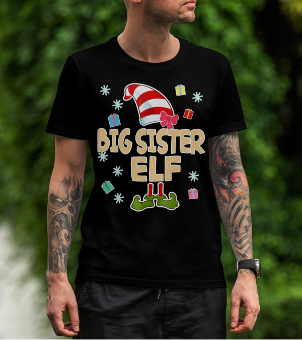 Big Sister Elf With Striped Hat And Gifts T-Shirt