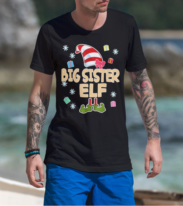 Big Sister Elf With Striped Hat And Gifts T-Shirt