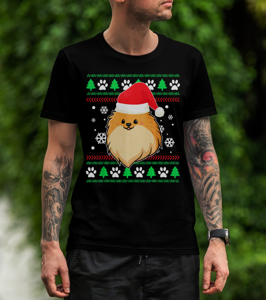 Pomeranian Santa Hat Ugly Christmas Sweater Snowflakes Trees Paws T-Shirt