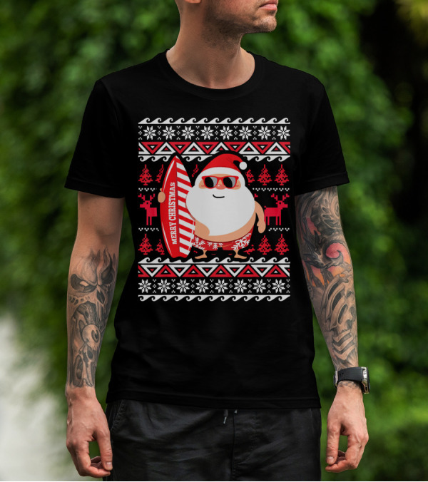 Surfing Santa Claus Merry Christmas Hawaii Red Reindeer Snowflakes T-Shirt