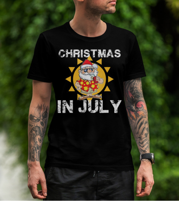 Christmas In July Funny Santa In Hawaiian Shirt With Sunglasses And Drink T-Shirt