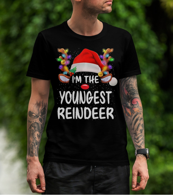 I'm The Youngest Reindeer Santa Hat Light-Up Antlers Snowfall T-Shirt