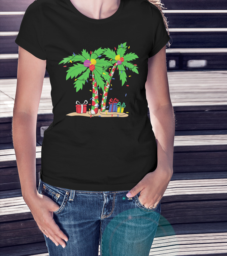 Decorated Christmas Palm Tree With Holiday Lights And Gifts T-Shirt