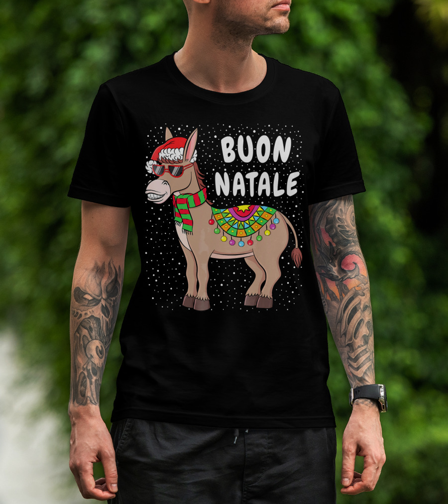 Buon Natale Christmas Donkey With Santa Hat And Colorful Lights T-Shirt