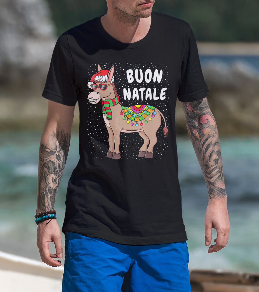 Buon Natale Christmas Donkey With Santa Hat And Colorful Lights T-Shirt