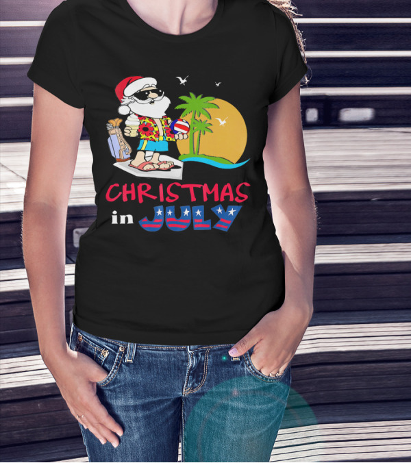 Christmas In July Funny Santa Summer Golf Sun And Palm Trees T-Shirt