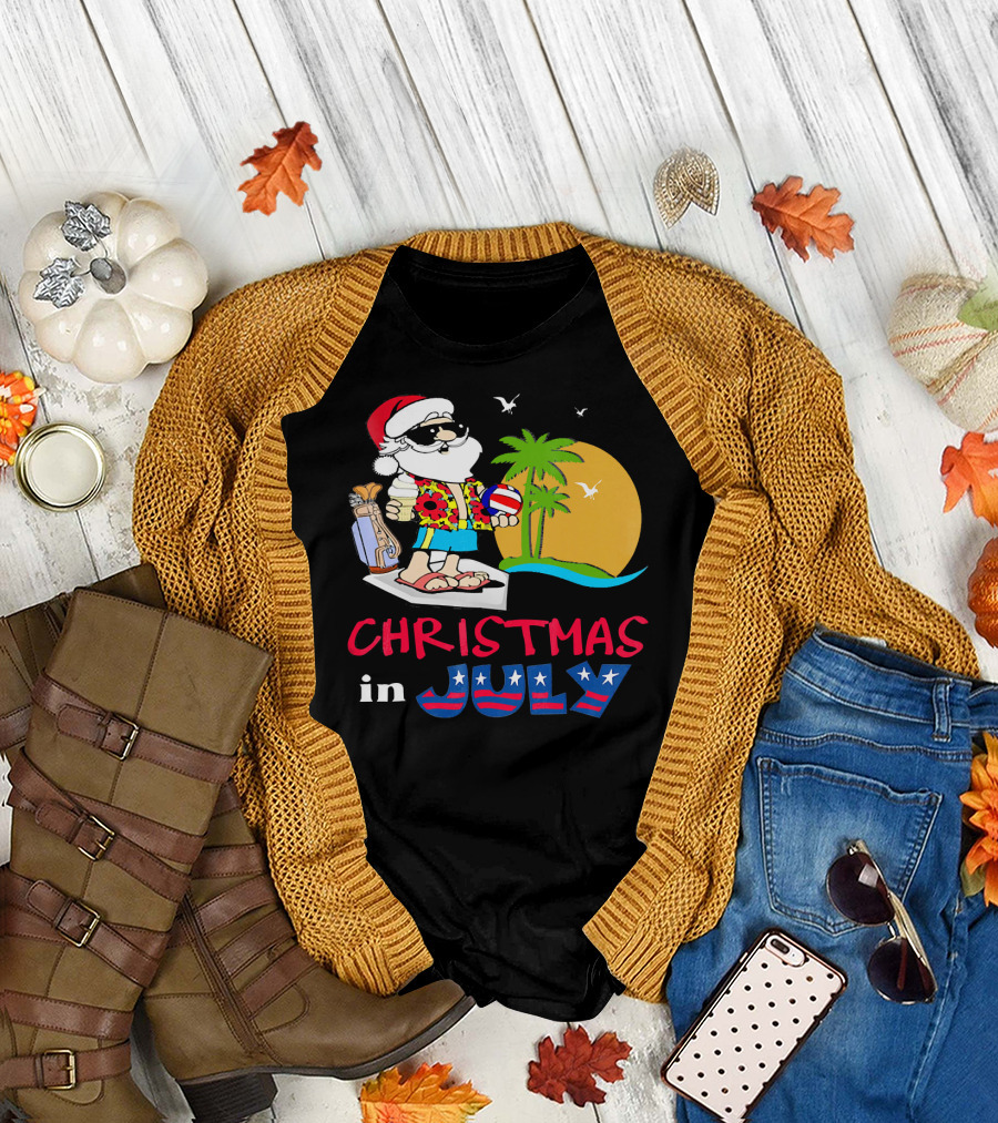 Christmas in July Funny Santa Summer Golf Sun and Palm Trees T-Shirt