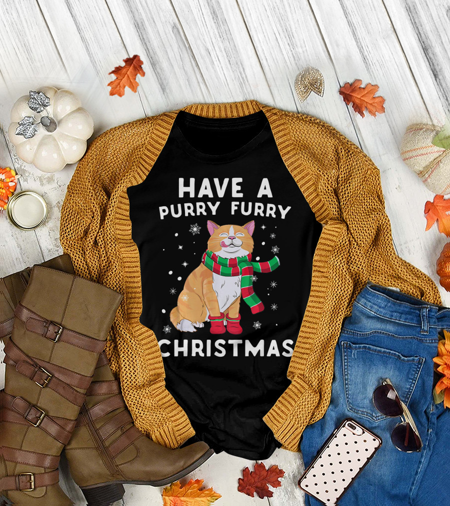 Have A Purry Furry Christmas Snowflakes and Cat with Scarf T-Shirt