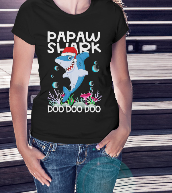Papaw Shark Doo Doo Doo Santa Hat Coral Bubbles T-Shirt