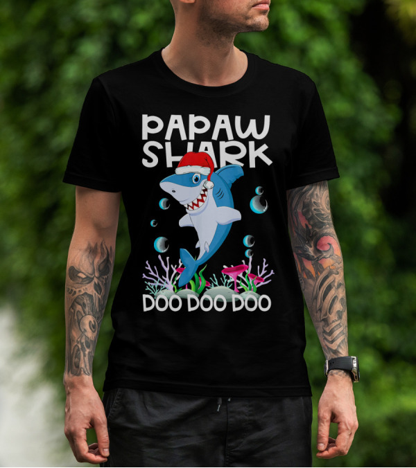 Papaw Shark Doo Doo Doo Santa Hat Coral Bubbles T-Shirt
