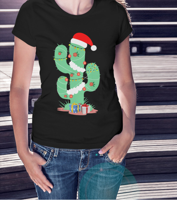 Funny Christmas Cactus With Santa Hat And Presents T-Shirt