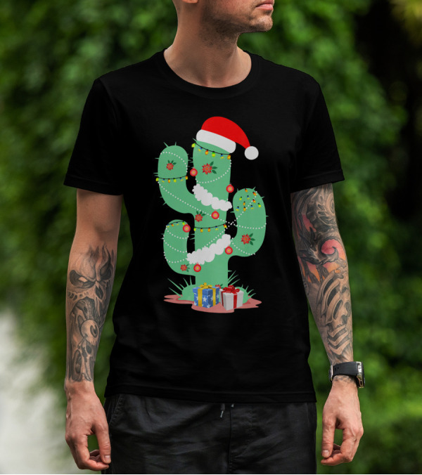 Funny Christmas Cactus With Santa Hat And Presents T-Shirt