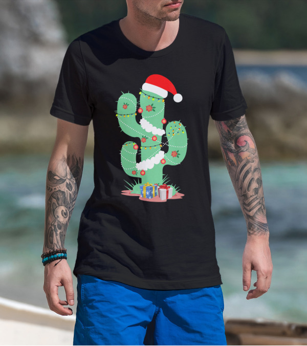 Funny Christmas Cactus With Santa Hat And Presents T-Shirt