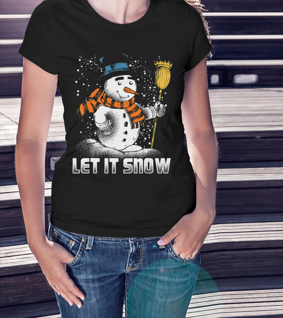 Let It Snow Snowman With Orange Scarf And Broom T-Shirt