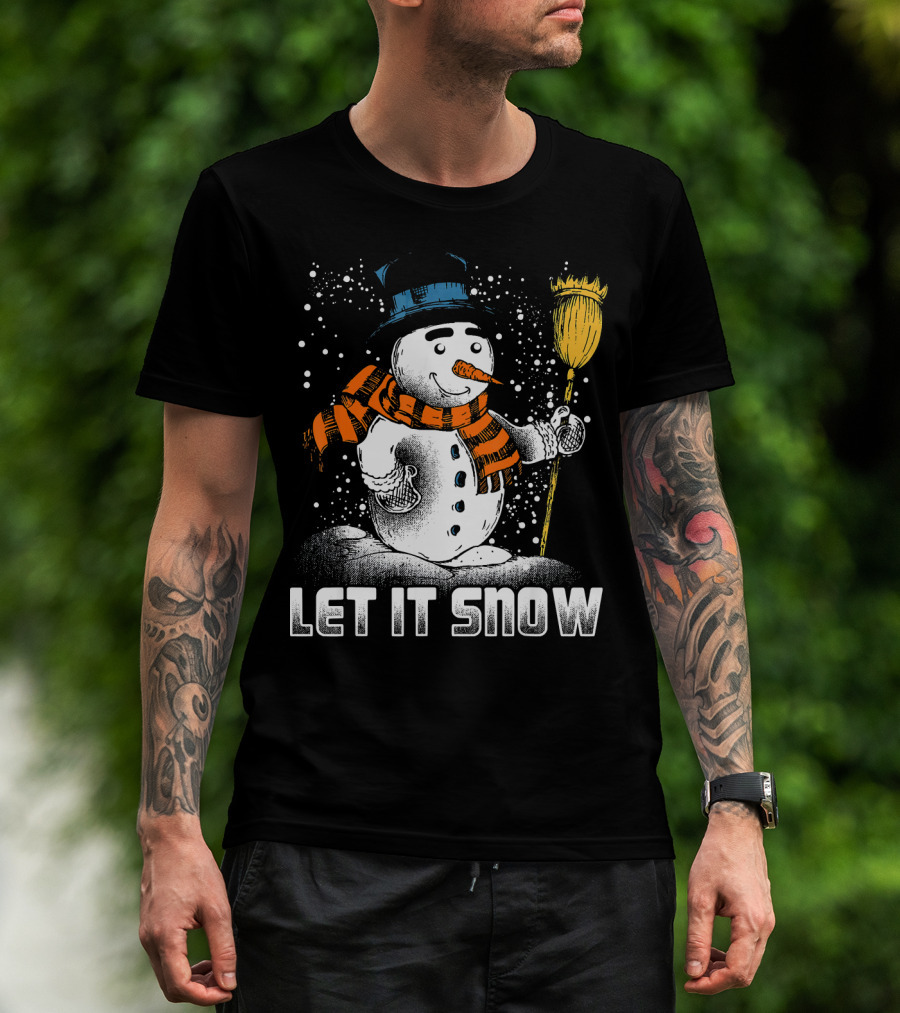 Let It Snow Snowman With Orange Scarf And Broom T-Shirt