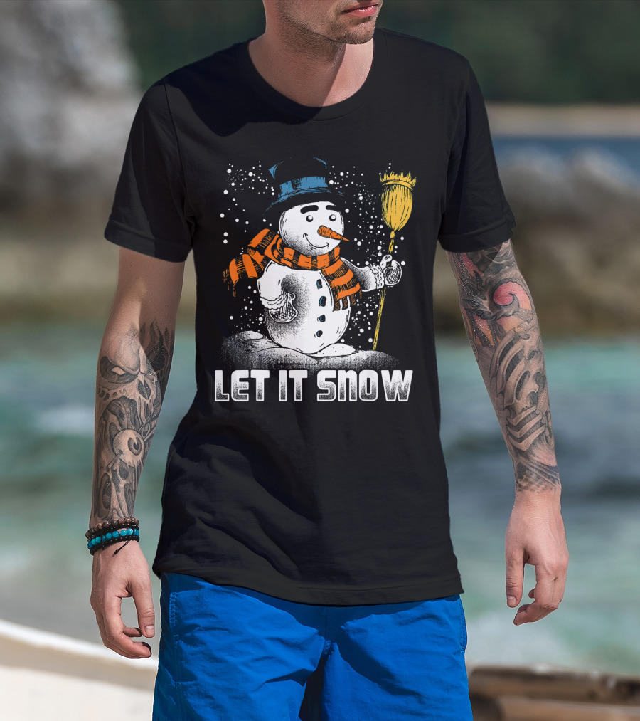 Let It Snow Snowman With Orange Scarf And Broom T-Shirt