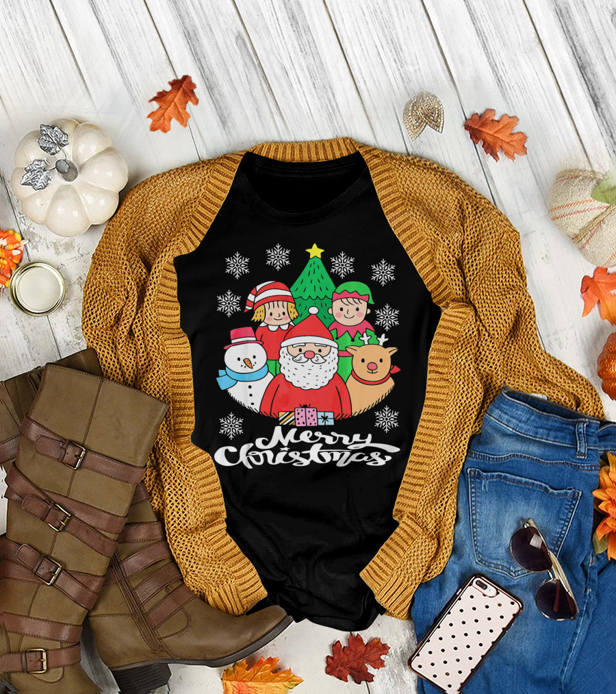 Merry Christmas Santa Claus Elf Snowman Reindeer Tree T-Shirt
