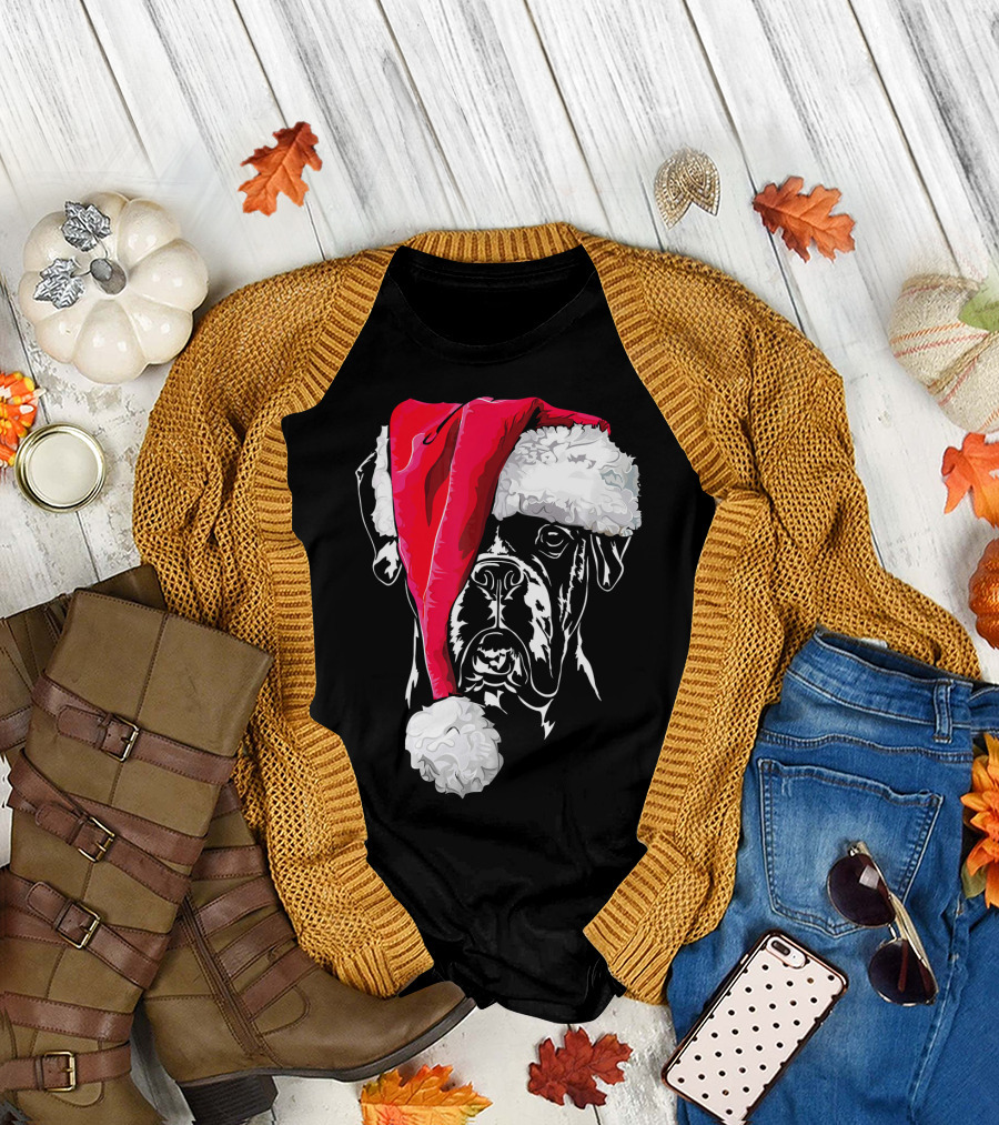 Funny Boxer Dog with Santa Hat Christmas T-Shirt