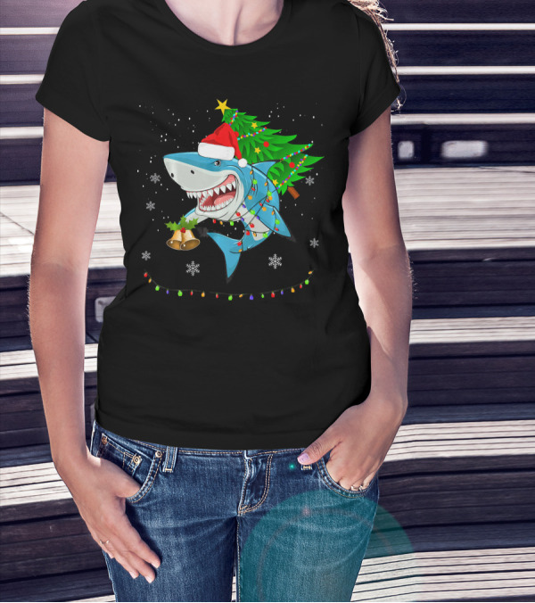 Shark Christmas Tree Santa Hat Holiday Lights Snowflakes T-Shirt