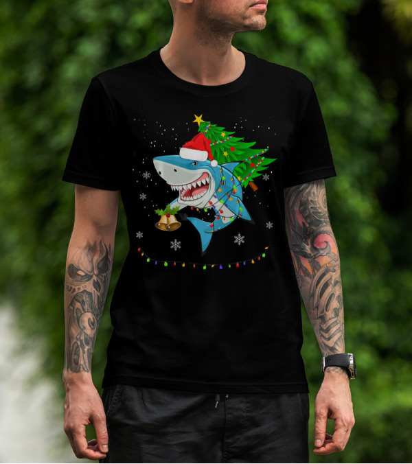 Shark Christmas Tree Santa Hat Holiday Lights Snowflakes T-Shirt