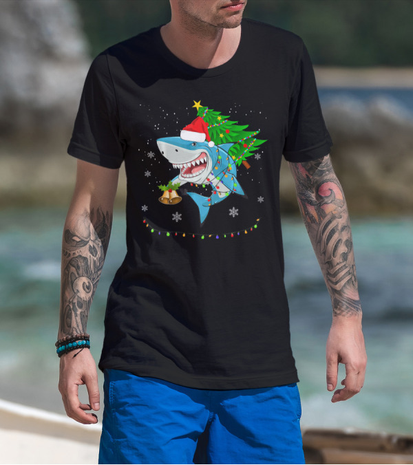 Shark Christmas Tree Santa Hat Holiday Lights Snowflakes T-Shirt