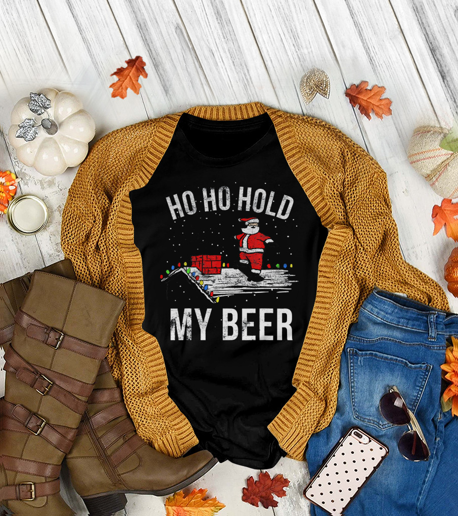 Ho Ho Hold My Beer Santa Skateboarding on Roof with Lights T-Shirt